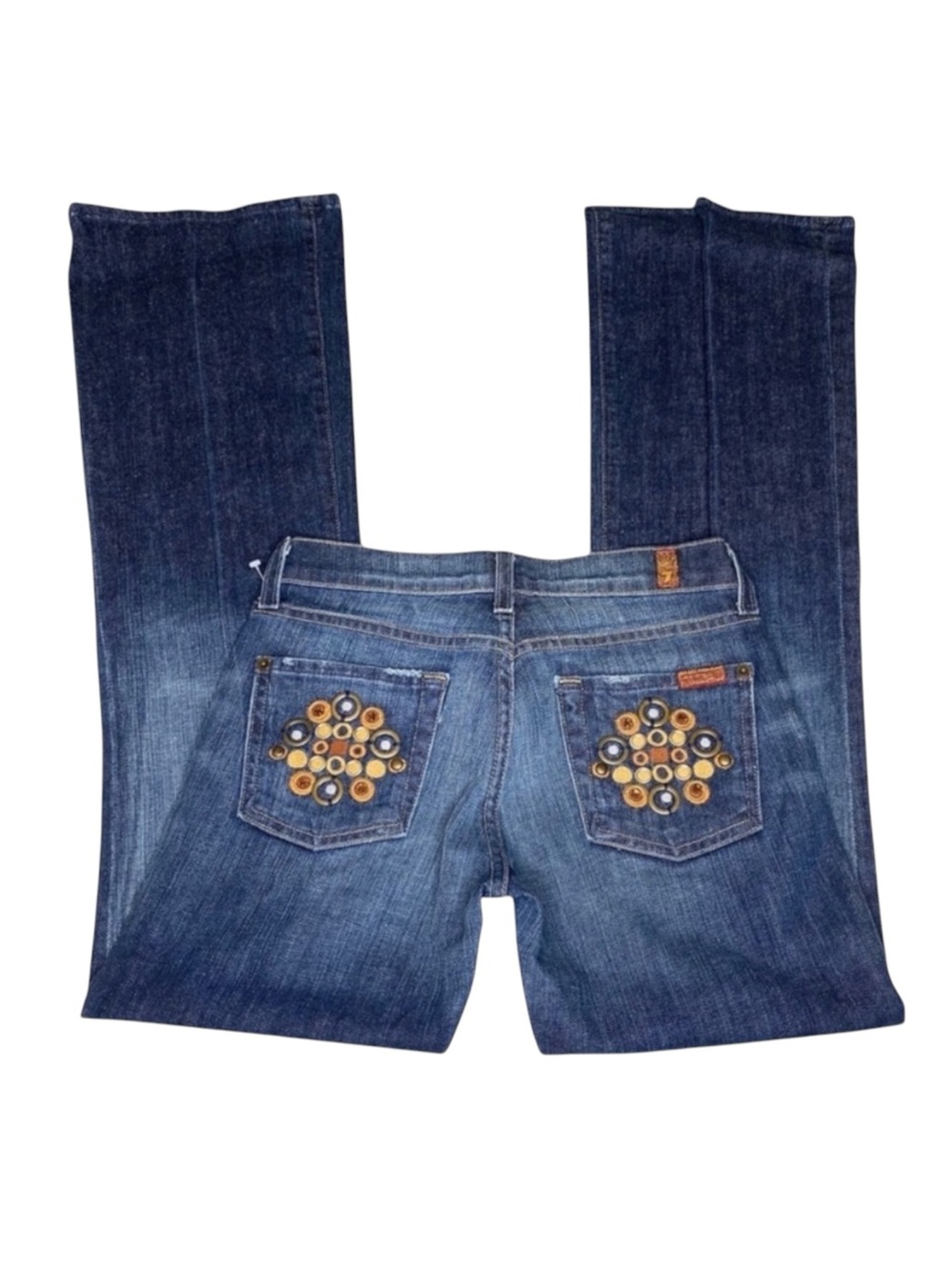new 7 For All Mankind® ☯︎︎ Gold Medallion Embroidered Bootcut Jeans ☯︎︎ NY Dark - Picture 6 of 17
